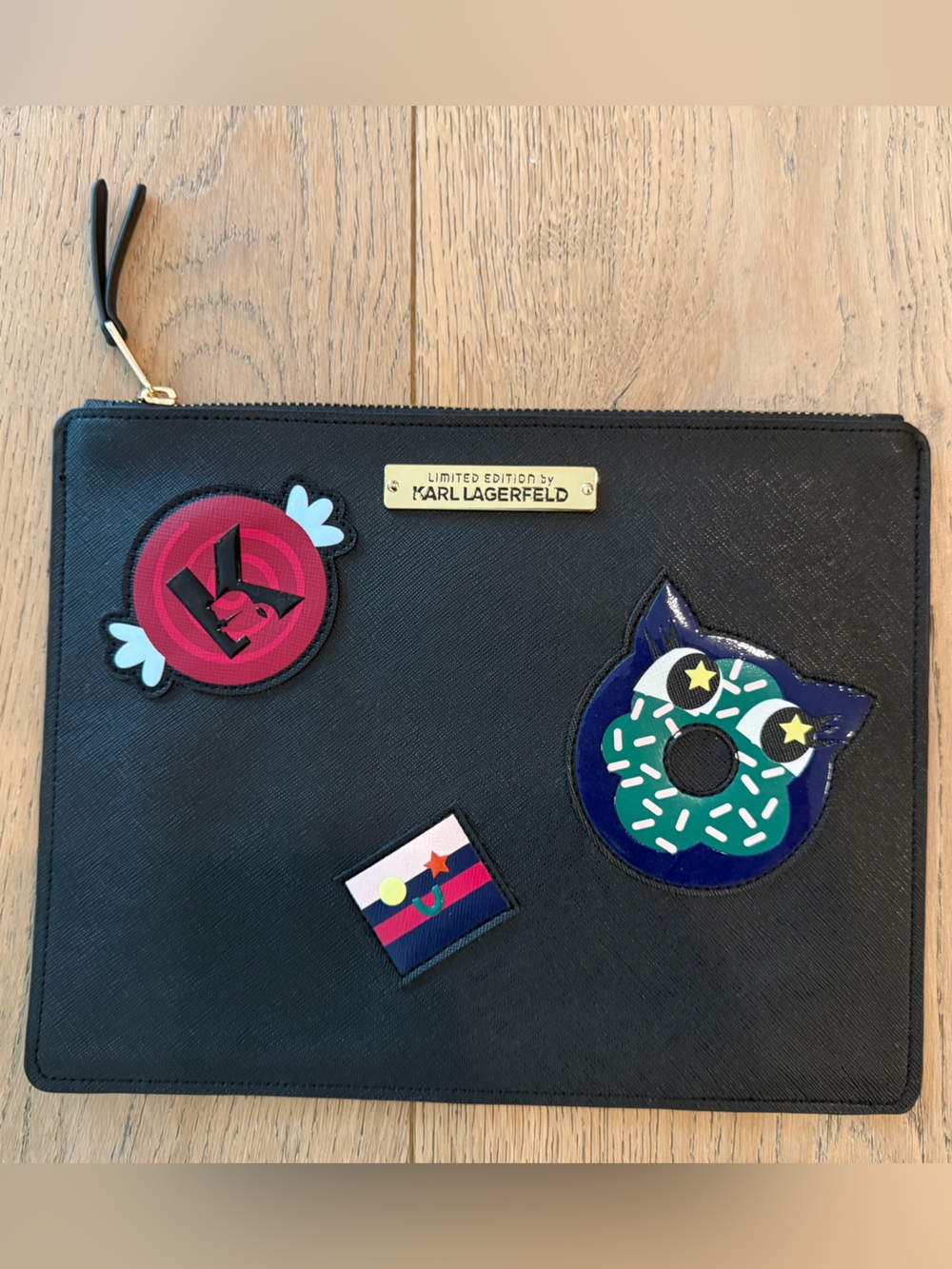 Karl Lagerfeld Limited Edition Black Zip Pouch/Clutch with Colorful Patch Motifs